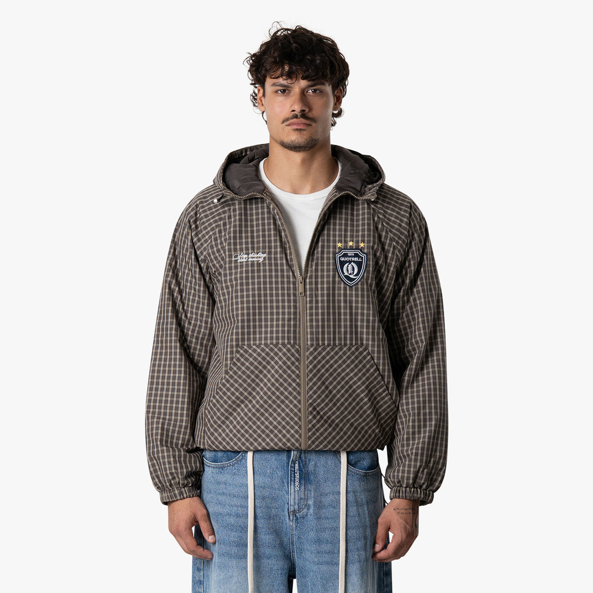 Plaid Jacket in beige plaid, front view